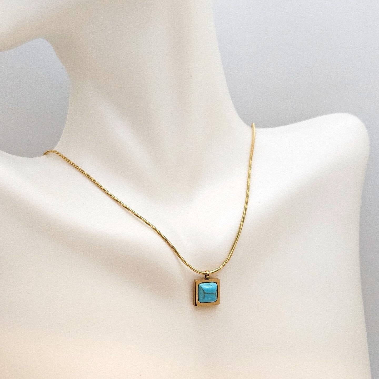 18K Gold Plated Square Shaped Turquoise Stone Pendant, Statement Necklace4