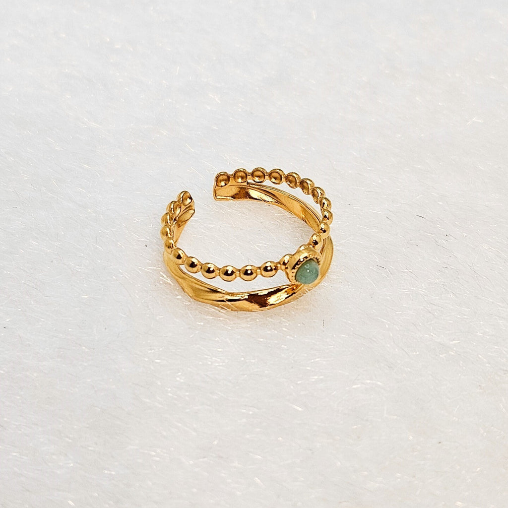 18K Gold Plated Adjustable Open Double Layer Amazonite Ring for Women3