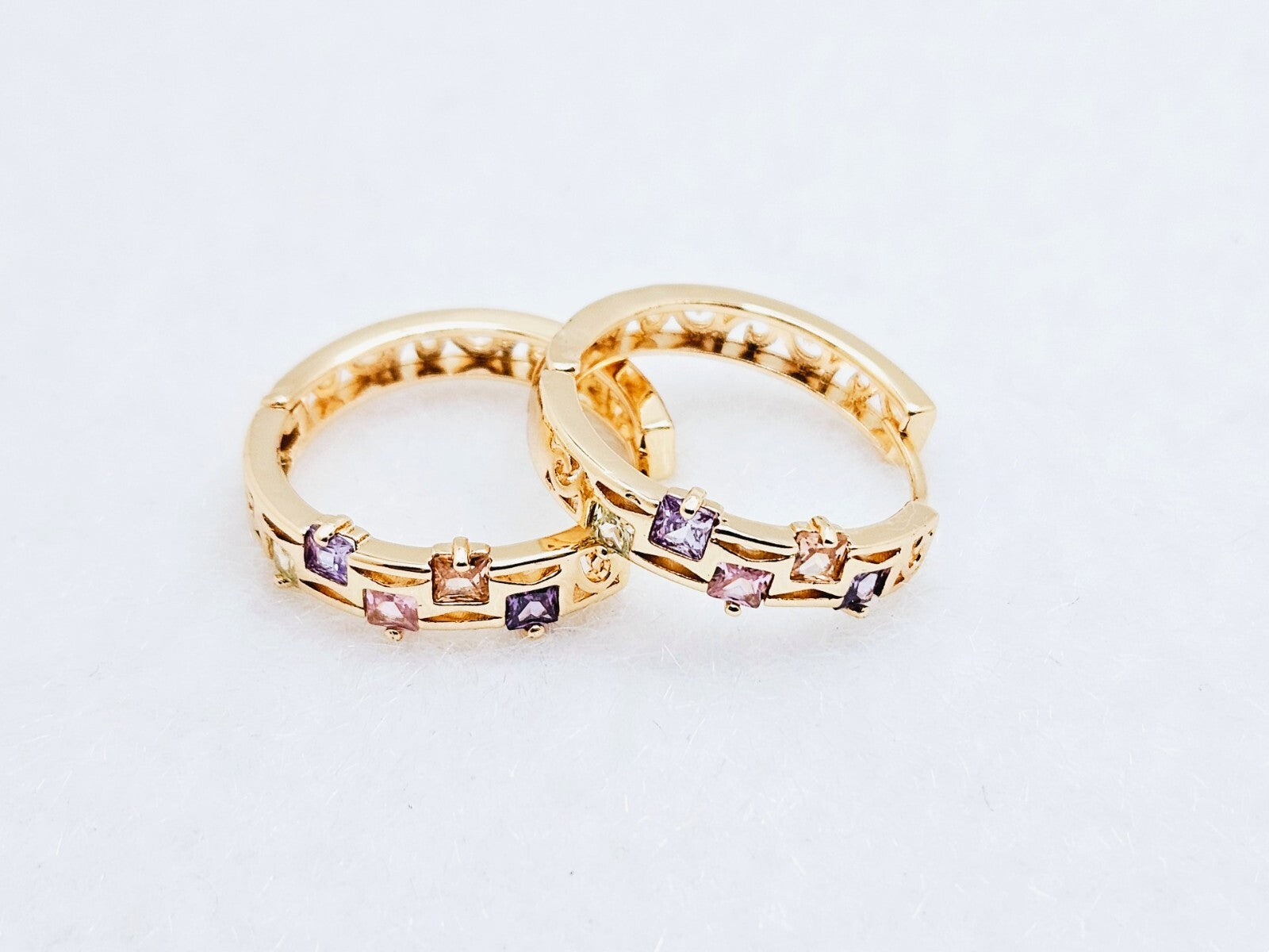 18K Gold Plated Brass Emerald Cut Hoop Earrings with Multi-Color CZ Stones1