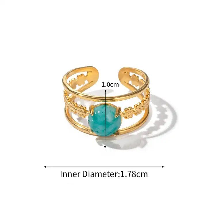 18K Gold Plated Amazonite Natural Stone Adjustable Open Ring, Stainless Steel8