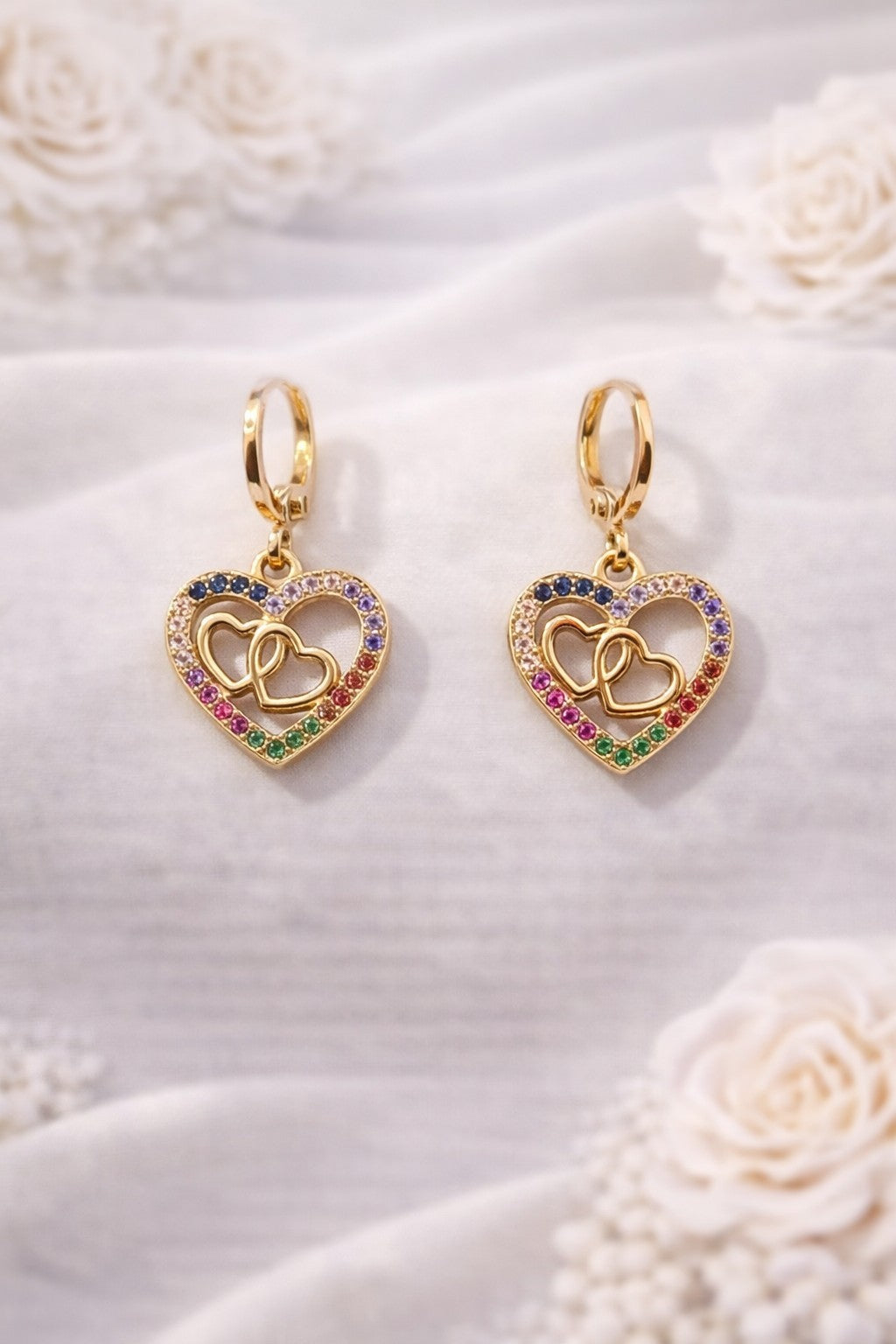 18K Gold Plated Heart Jewelry Set Multi- Color CZ Necklace & Earrings1