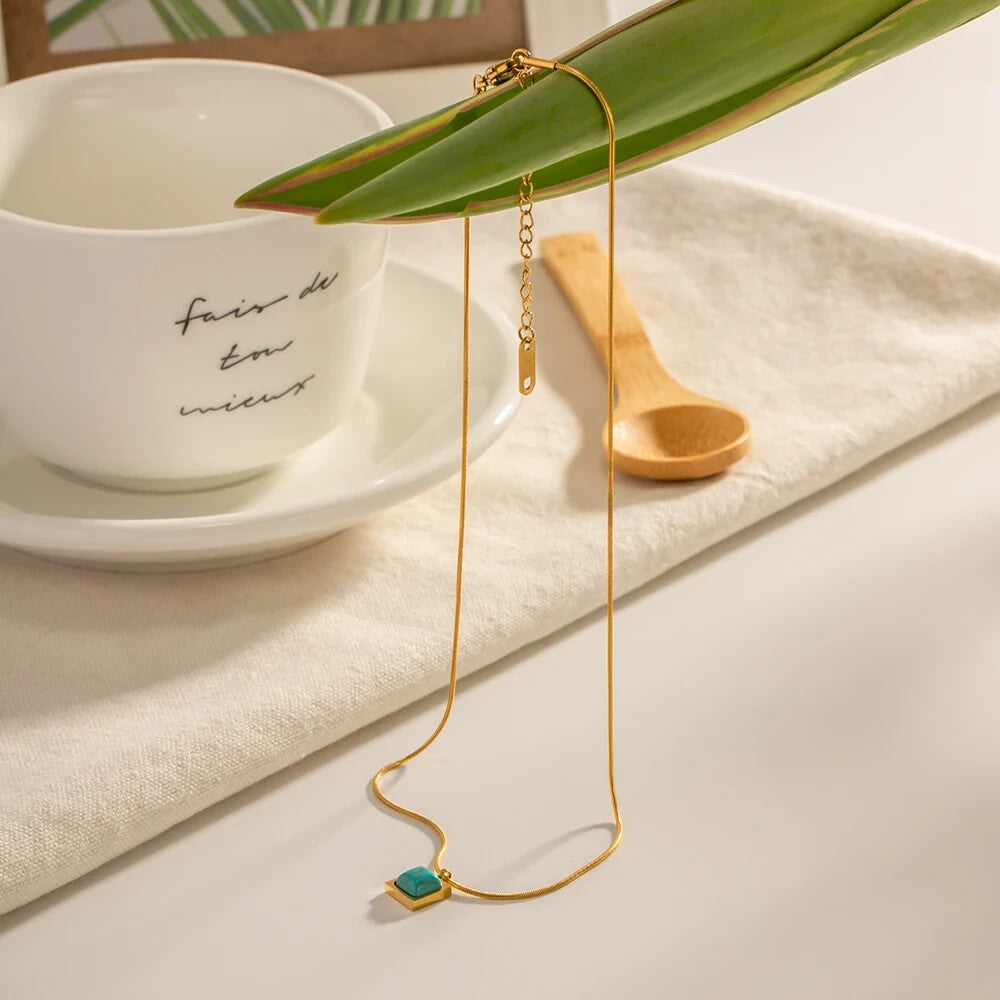 18K Gold Plated Square Shaped Turquoise Stone Pendant, Statement Necklace5