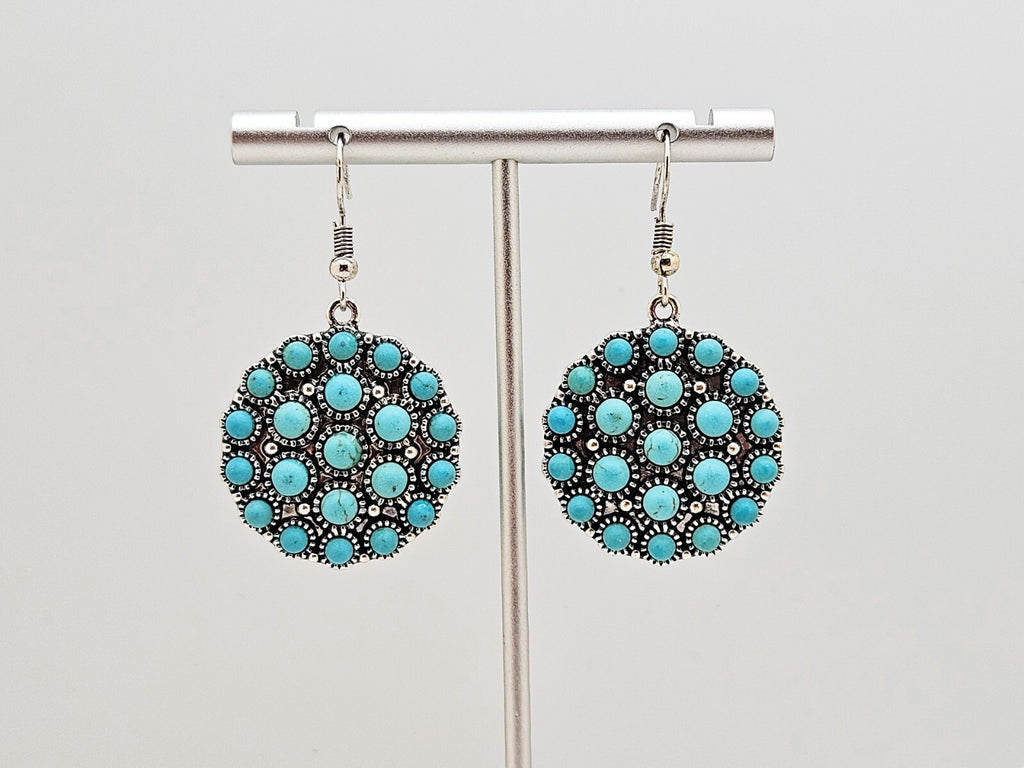 Silver Plated Vintage Turquoise Concho Drop Earrings, Unique Jewelry for Women0