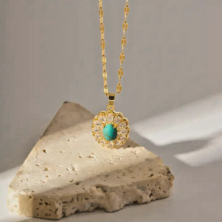 18K Gold Plated Oval Turquoise Pendant Necklace with Dazzling Cubic Zirconia0