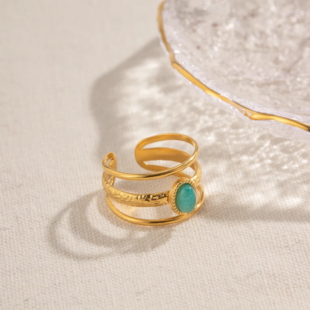 18K Gold Plated Amazonite Adjustable Ring, Three Layer Stainless Steel Jewelry1