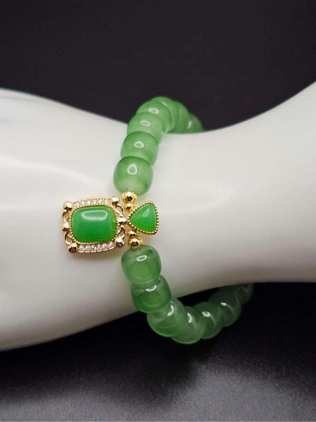Jade Crystal Stone Beaded Bracelet with Zircon Square Dangle Charms2