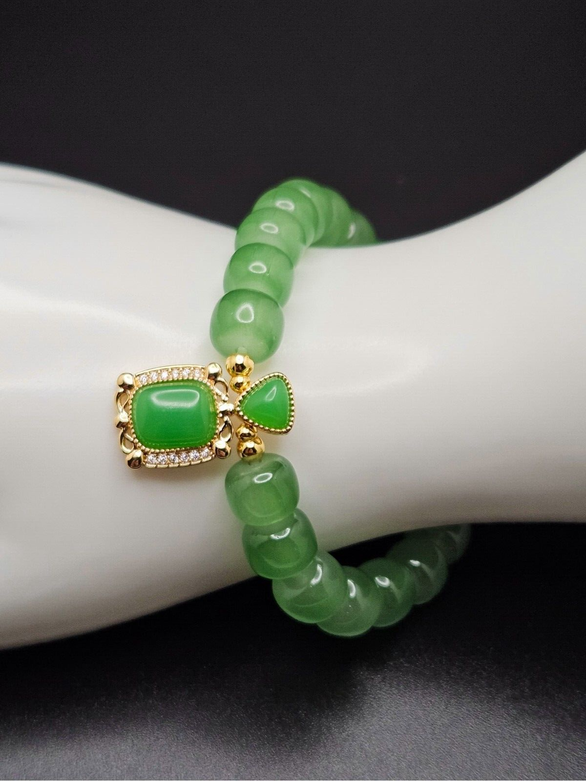 Jade Crystal Stone Beaded Bracelet with Zircon Square Dangle Charms2
