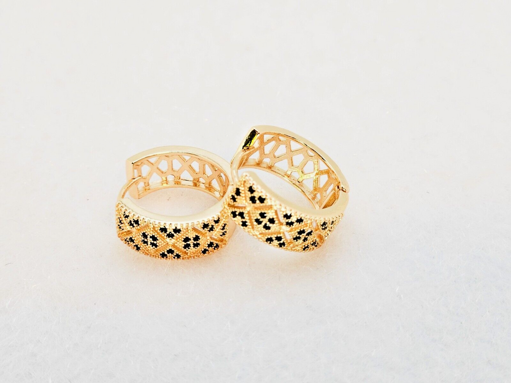 18K Gold Plated Design Hoop Earrings, with Black Cubic Zirconia2