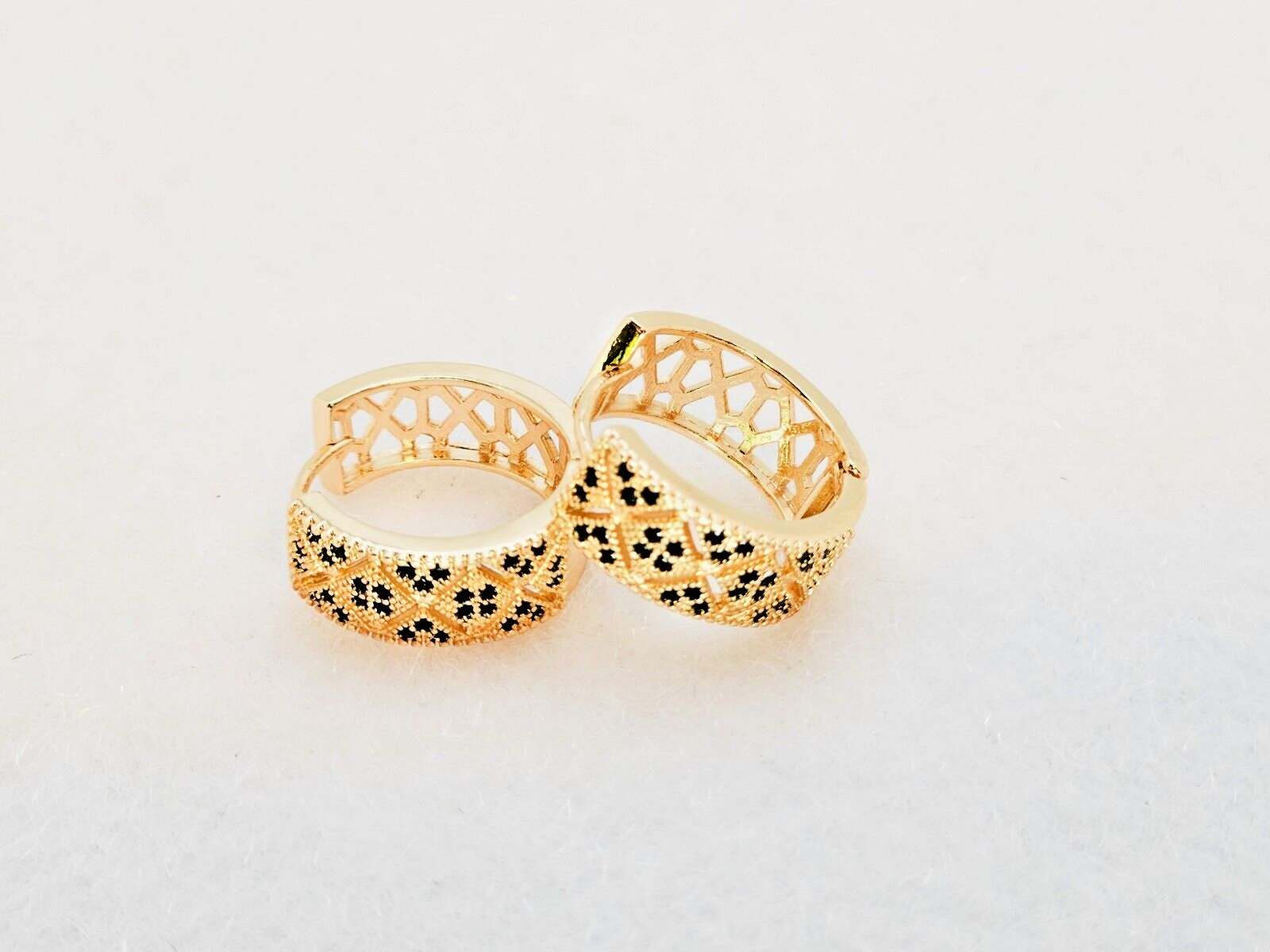 18K Gold Plated Design Hoop Earrings, with Black Cubic Zirconia2