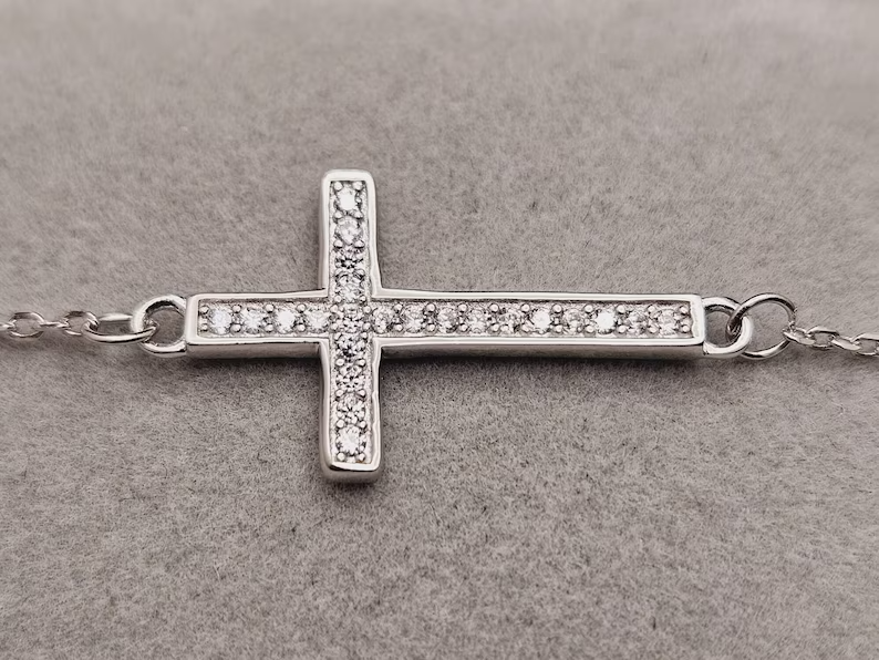 18k White Gold Plated Sterling Silver Cubic Zirconia Cross Bracelet0