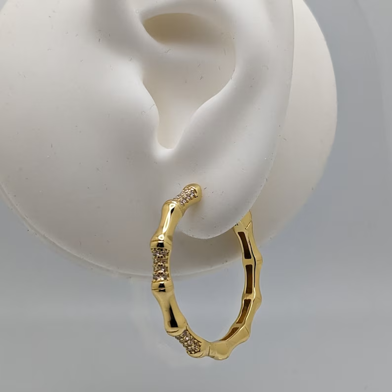 18K Gold Plated Sterling Silver Bamboo Hoop Earrings Clear CZ Elegant Gift4