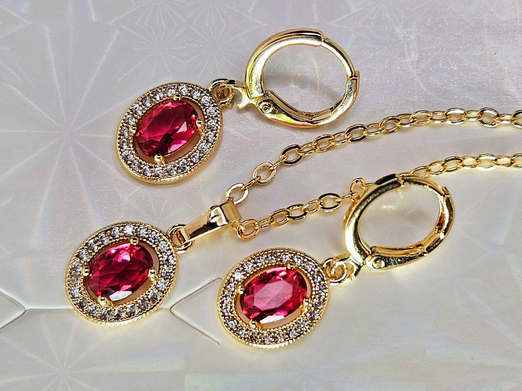 Necklace and Earring set 3 piece 18K Gold with Red and White Cubic Zirconias1