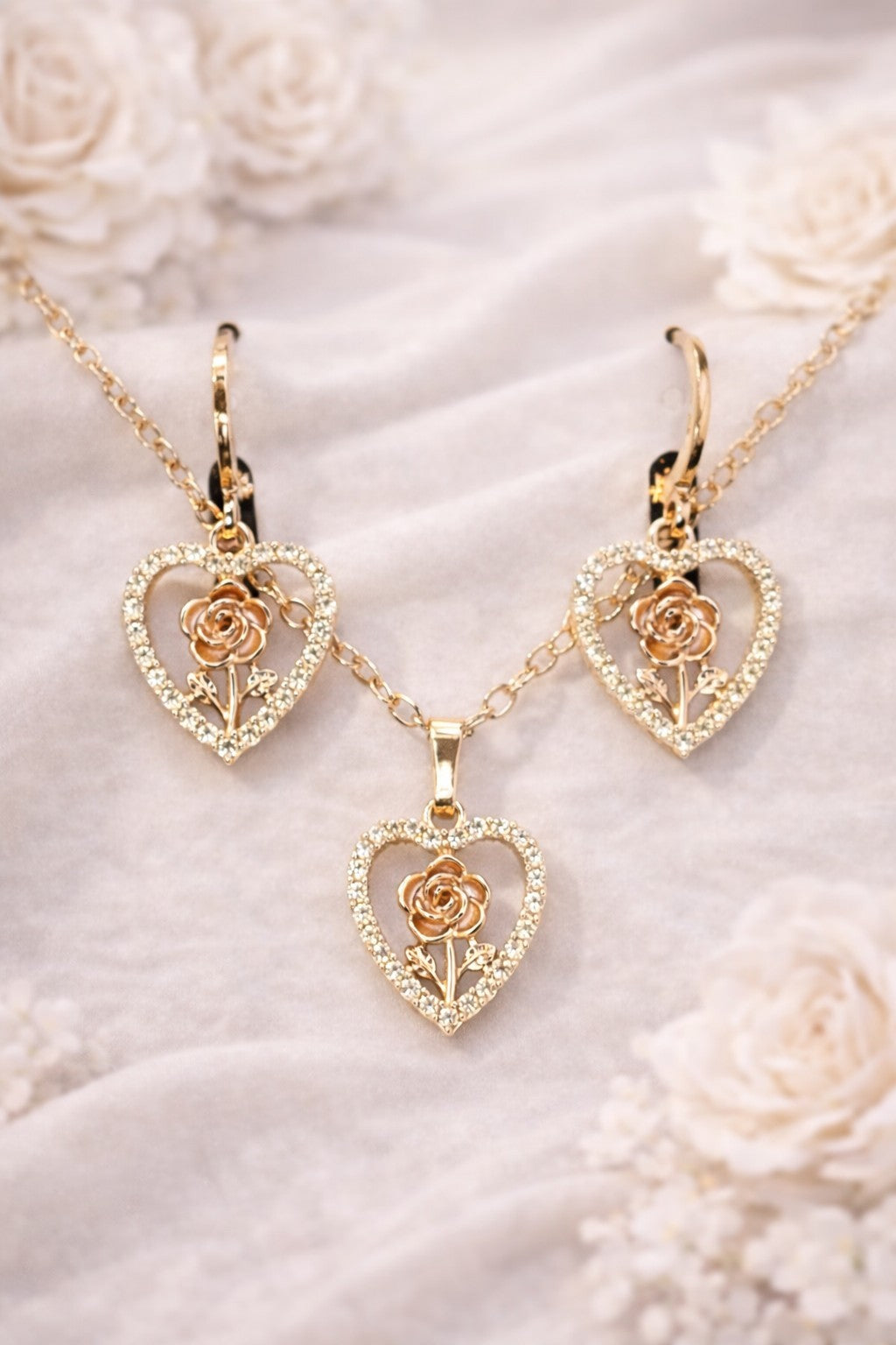 18K Gold Plated Heart Jewelry Set Yellow CZ Rose Necklace Earrings0