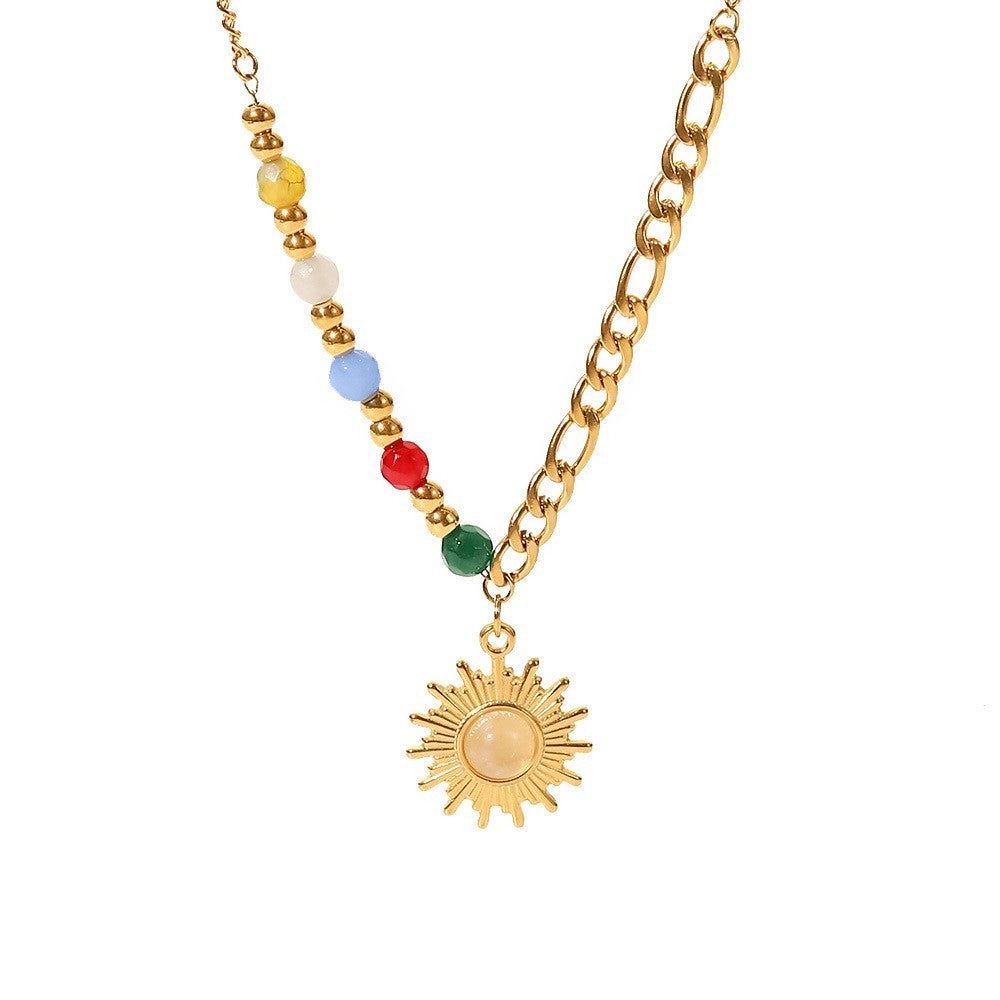18K Gold Plated Half Colored Bead & Half Figaro Chain, Opal Stone Sun Necklace3