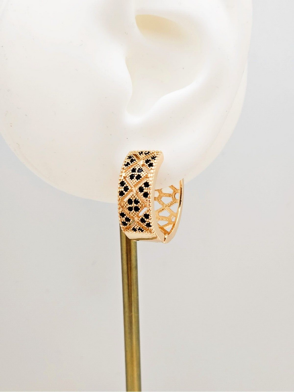 18K Gold Plated Design Hoop Earrings, with Black Cubic Zirconia4