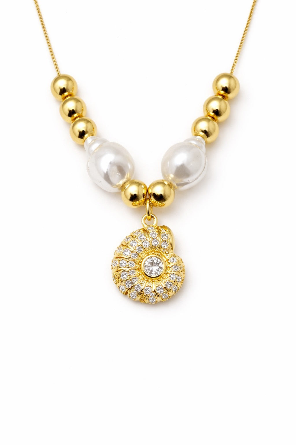 18K Gold Plated Necklace & Earrings Set Faux Pearl Shell Pendant CZ Jewelry1