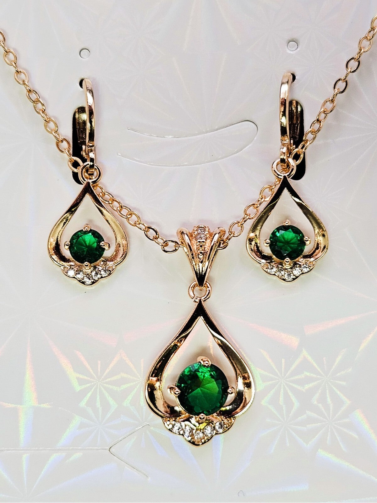 18K Gold Plated Necklace and Earring 2 piece set with Green and Cubic Zirconia2