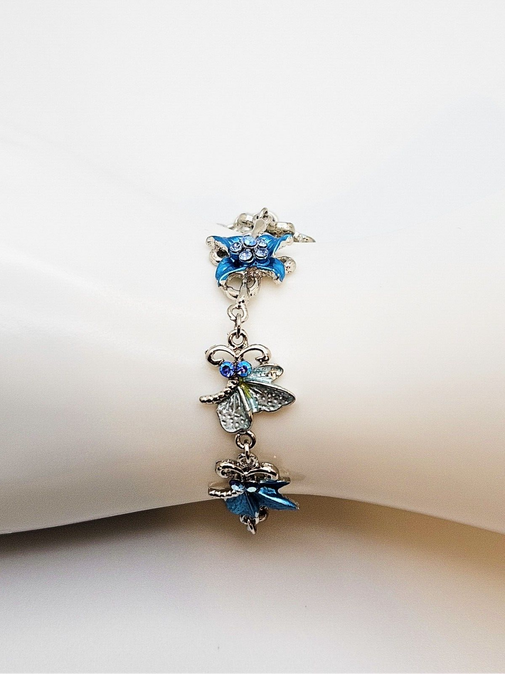 Enamel Rhinestone Flower and Half Butterfly Design, Silver Link Chain Bracelet3
