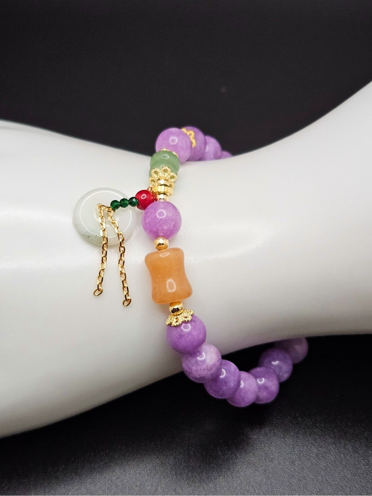 Natural Lavender Jade Gemstone Beaded Bracelet with dangle design round charms2