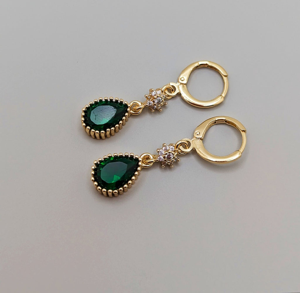 Huggie Drop Earrings 18K Gold with Green Cubic Zirconia0