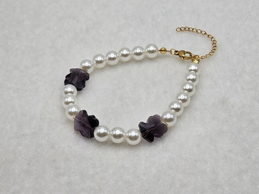 Dark Purple Acrylic Flower Bead Bracelet Faux Pearls 18K Gold Plated Jewelry1