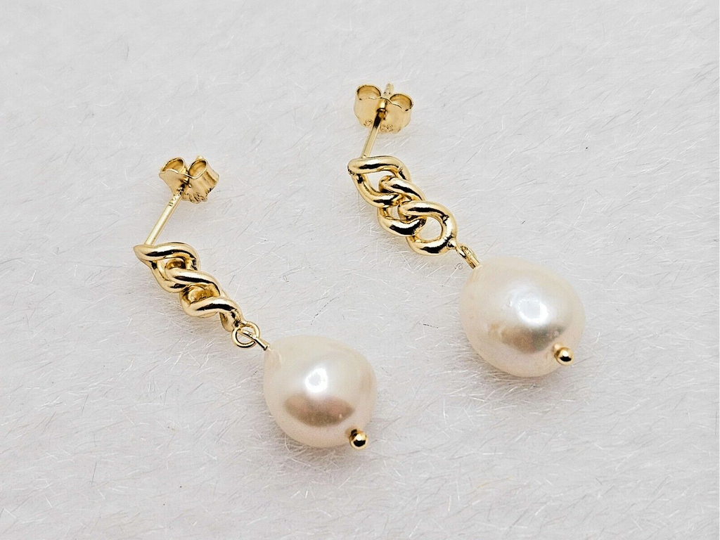 14K Gold Plated Freshwater Pearls Stud Drop Earrings with Cuban Link0