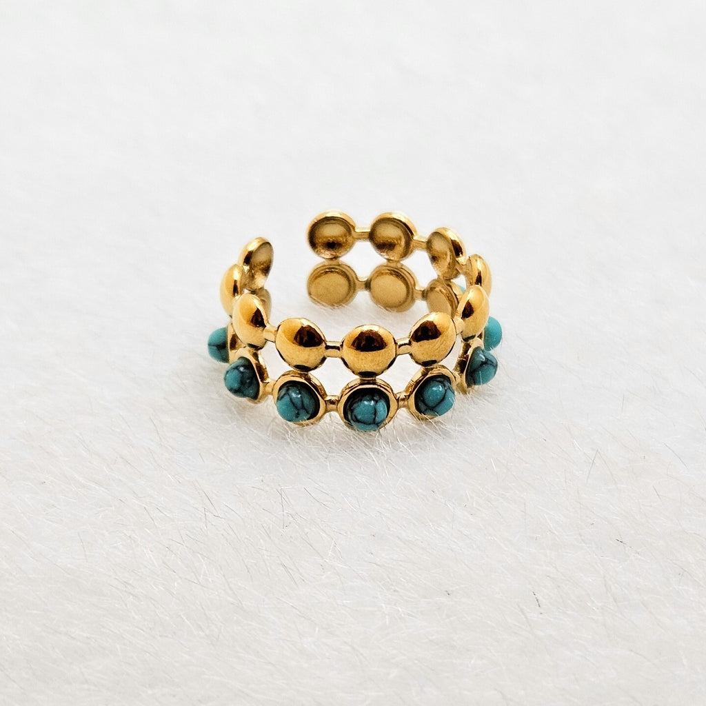 18K Gold Plated Double Layer Turquoise Open Adjustable Ring, Stainless Steel.1