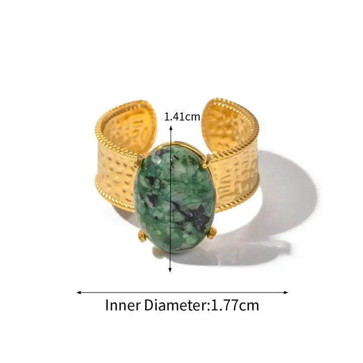 18K Gold Plated Rare African Turquoise Open Adjustable Ring, Stainless Steel.6
