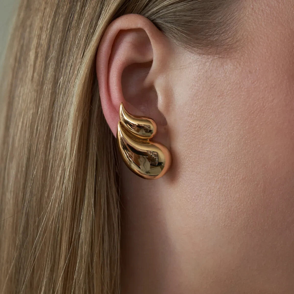 18K Gold Plated Stainless Steel Double Teardrop Exaggerated Style Stud Earrings0