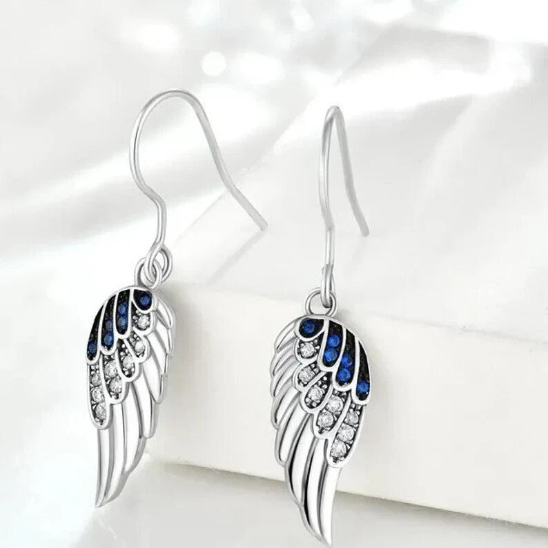 925 Sterling Silver Blue Gem Angel Wings Drop Earrings0