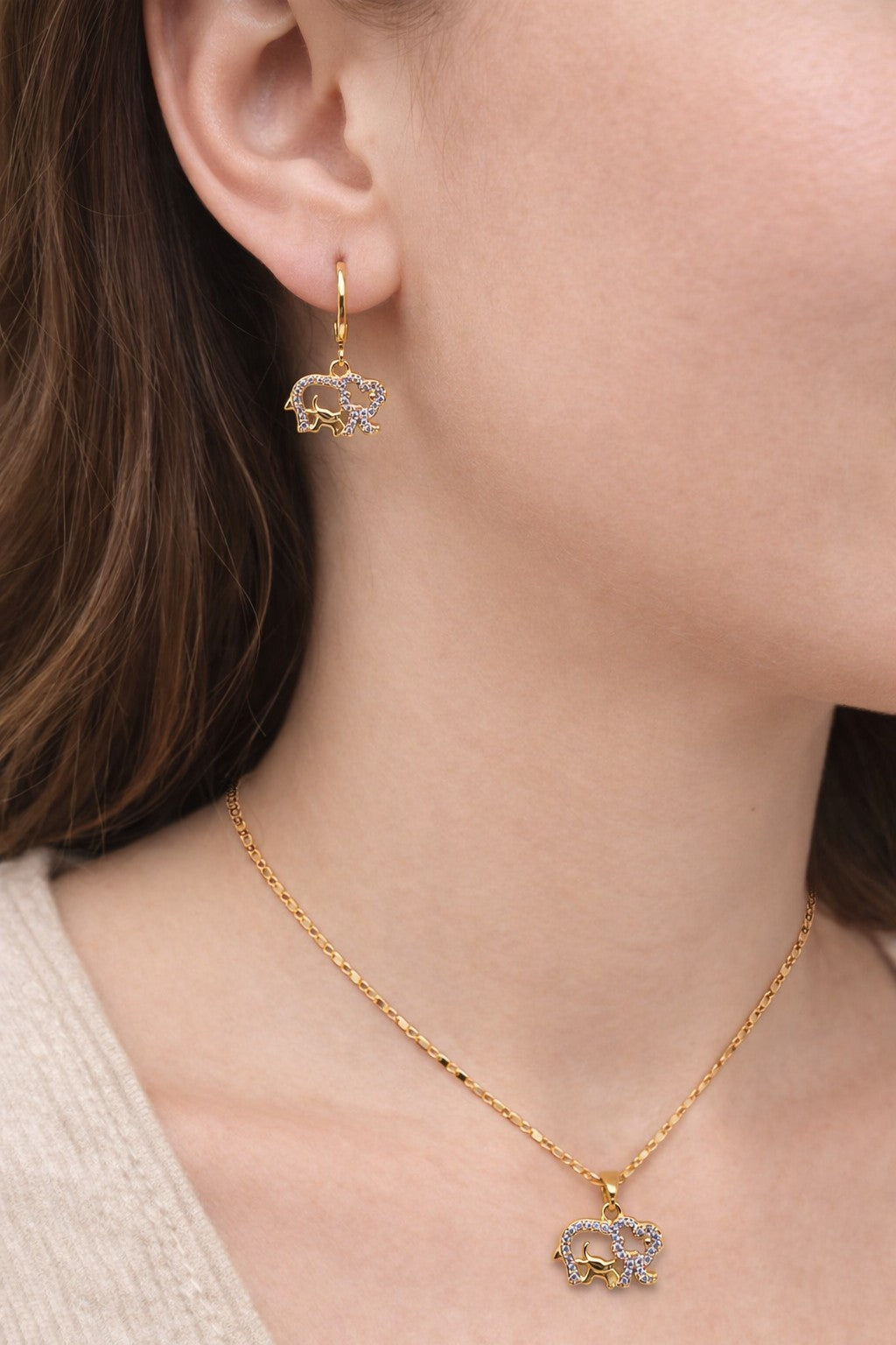18K Gold Plated Elephant Jewelry Set Necklace and Earrings Purple CZ 18”3