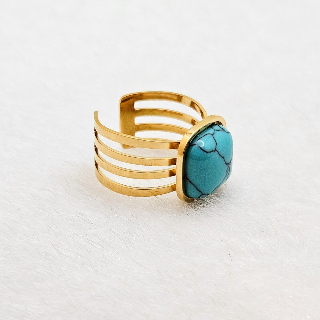 New Trend 18K Gold Plated Open Turquoise Stone Adjustable Ring, Stainless Steel1
