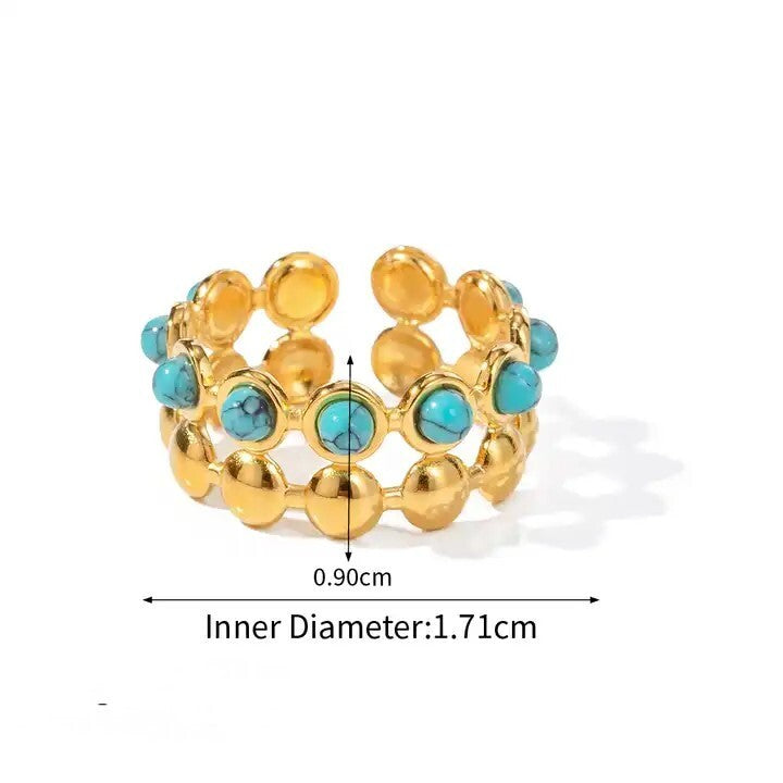18K Gold Plated Double Layer Turquoise Open Adjustable Ring, Stainless Steel.6