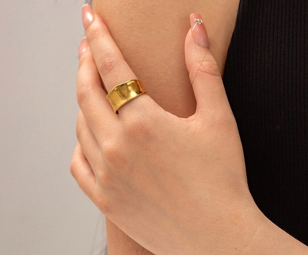 18K Gold Plated Stainless Steel Ring, Wide Geometric Ring for Women, Waterproof2