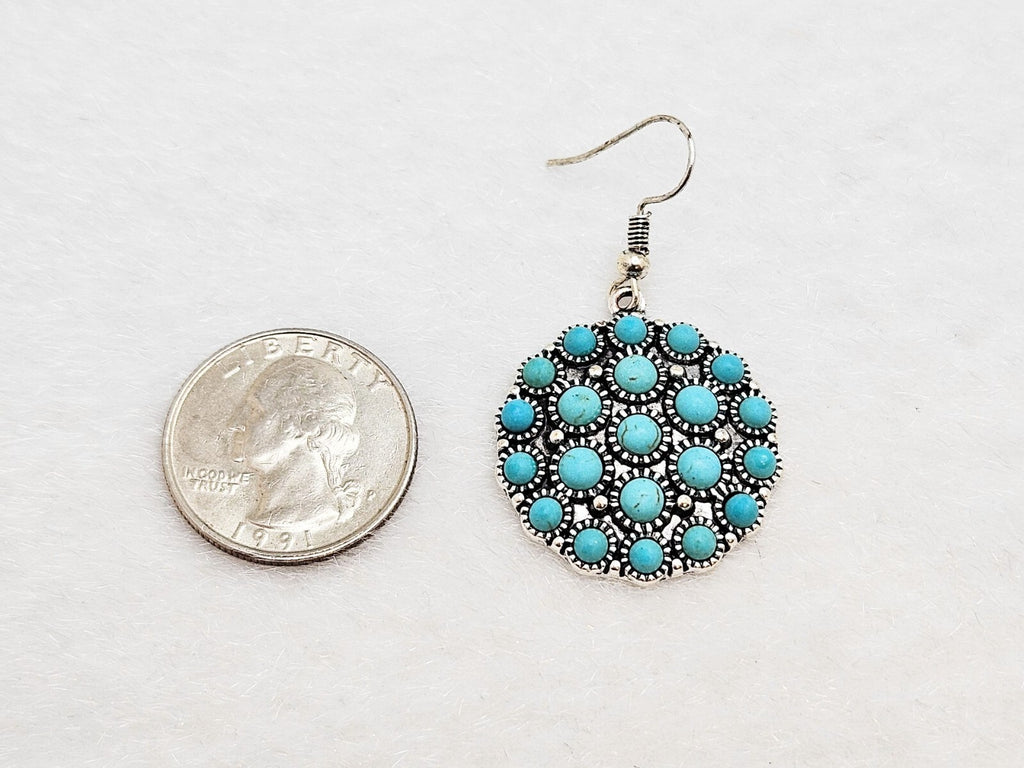 Silver Plated Vintage Turquoise Concho Drop Earrings, Unique Jewelry for Women3