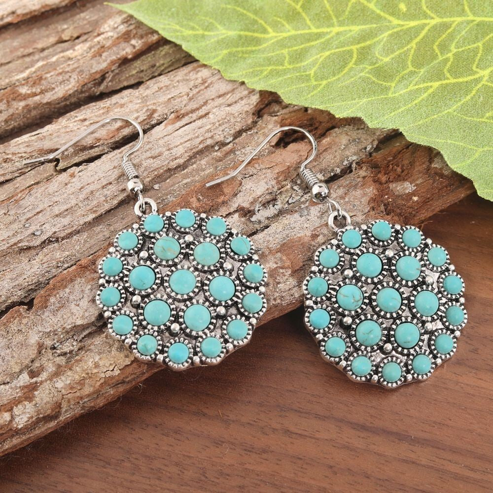 Silver Plated Vintage Turquoise Concho Drop Earrings, Unique Jewelry for Women1