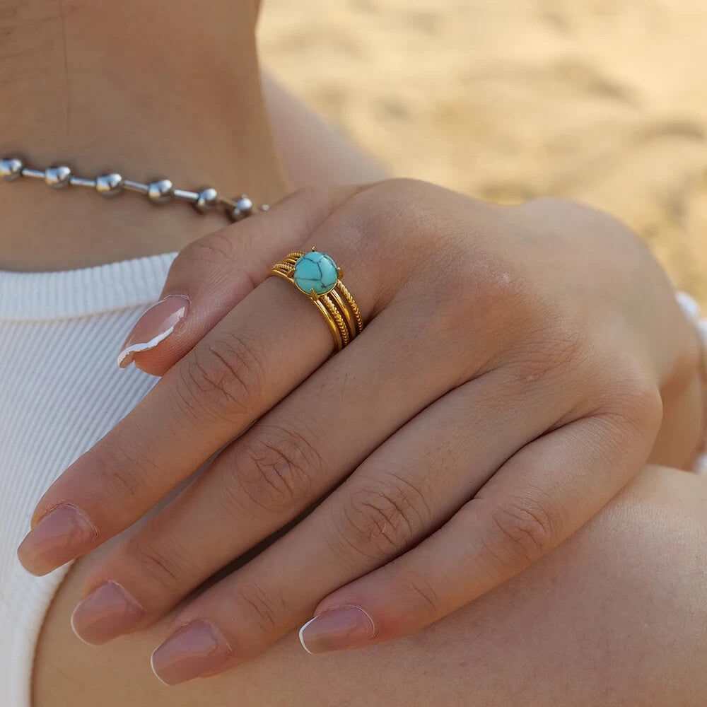 18K Gold Plated Open Turquoise Stone Ring, Stainless Steel Jewelry for Women7