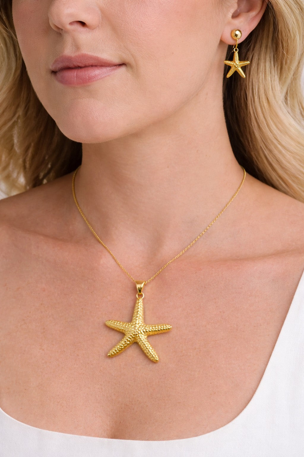 18K Gold Plated Starfish Jewelry Set Dainty Earrings & Chunky Pendant Necklace5