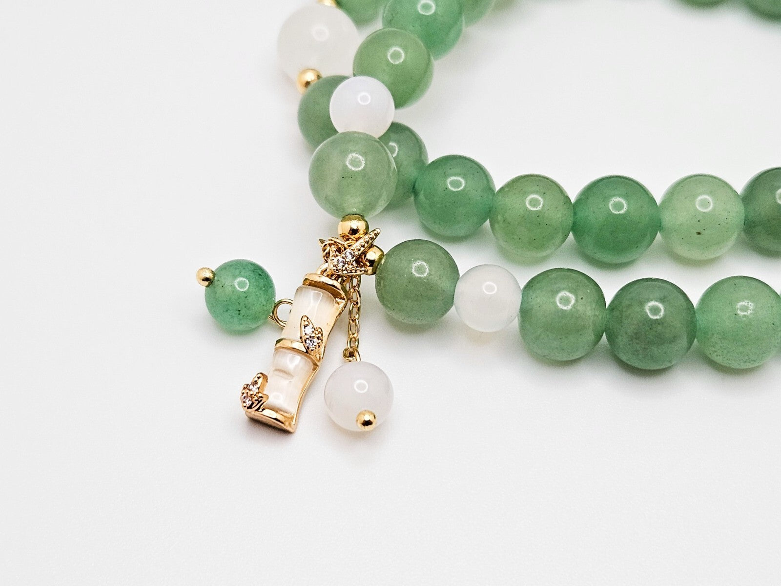 Double Wrap Green Aventurine Natural Stone Beaded Bracelet with Bamboo Charms1