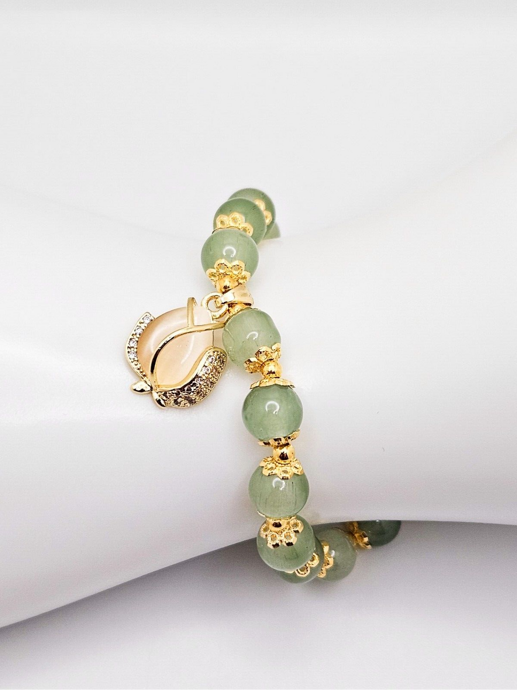 18K Gold Plated Jade Beaded Bracelet with flower charms, Gift for Women2
