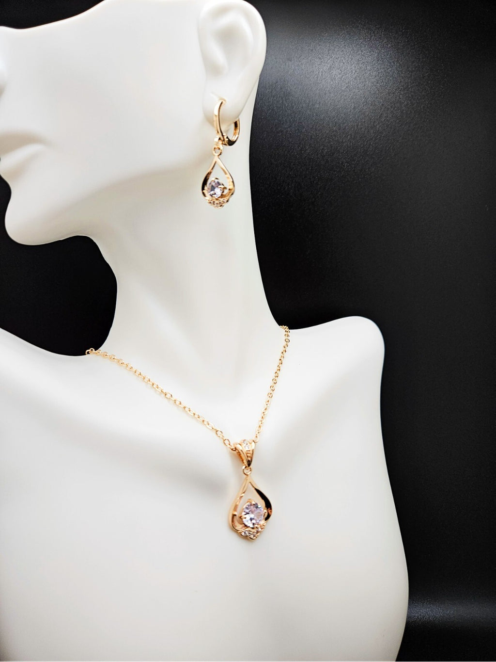 Necklace and Earring set 3 piece 18K Gold Plated with White/Clear Cubic Zirconia2