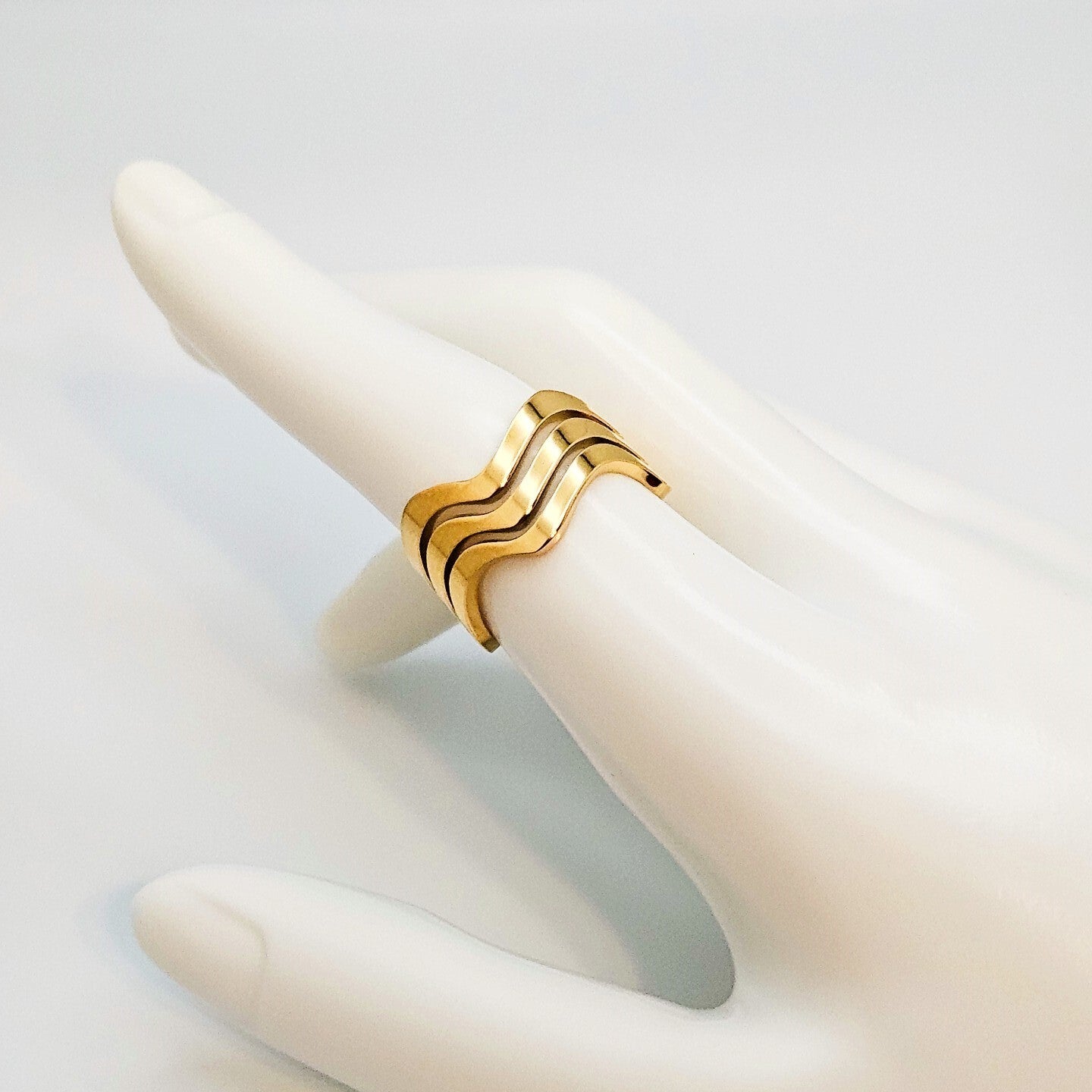 18K Gold Plated Chunky Three Layer Wave Open Ring, Stainless Steel Jewelry7