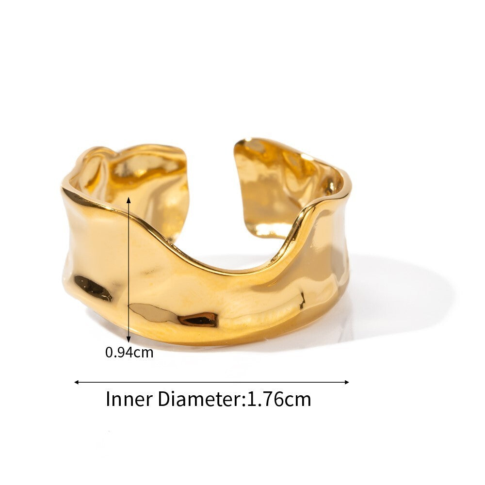 18K Gold Plated Stainless Steel Adjustable Wave Ring, Waterproof Jewelry1