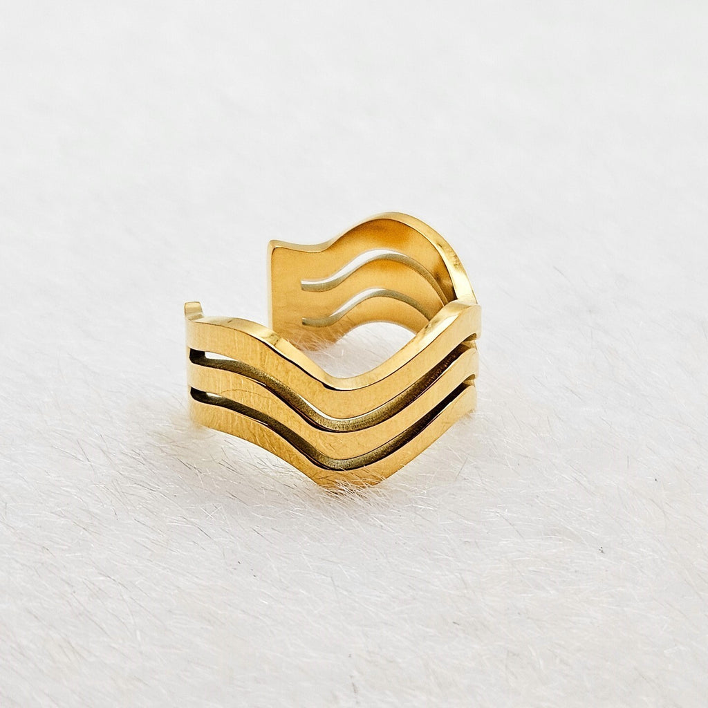18K Gold Plated Chunky Three Layer Wave Open Ring, Stainless Steel Jewelry2