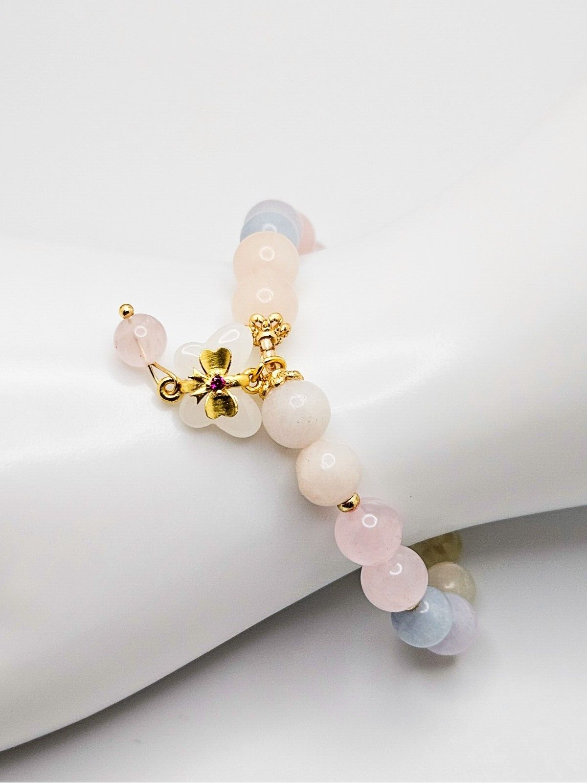Natural Crystal Candy Color Stone Beads Bracelet, Pink Morganite Butterfly Charm3