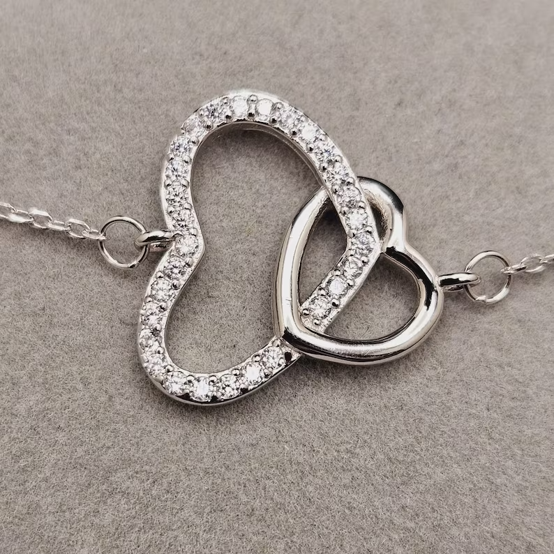 925 Sterling Silver Cubic Zirconia Interlocking Hearts Bracelet for Women0