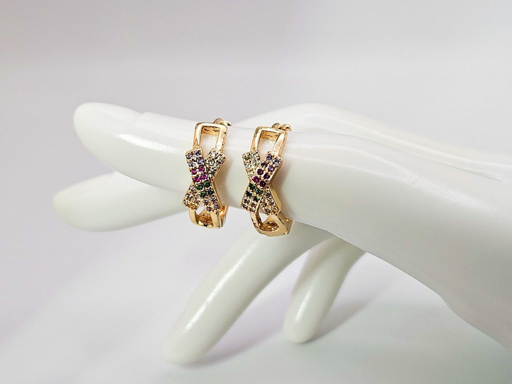 18K Gold Plated Ribbon Design Hoop Earrings, Multi-Color Cubic Zirconia Hoops1
