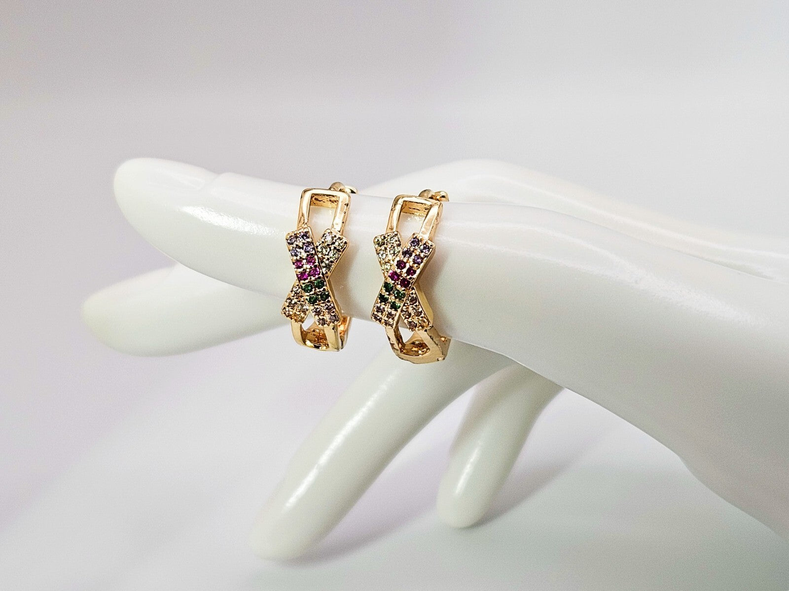 18K Gold Plated Ribbon Design Hoop Earrings, Multi-Color Cubic Zirconia Hoops1