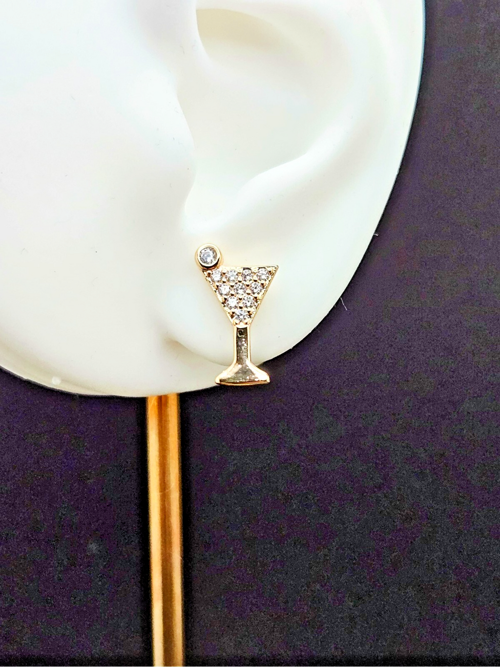 18K Gold Stud Earrings with White Clear Cubic Zirconia Cocktail Wine Glass1