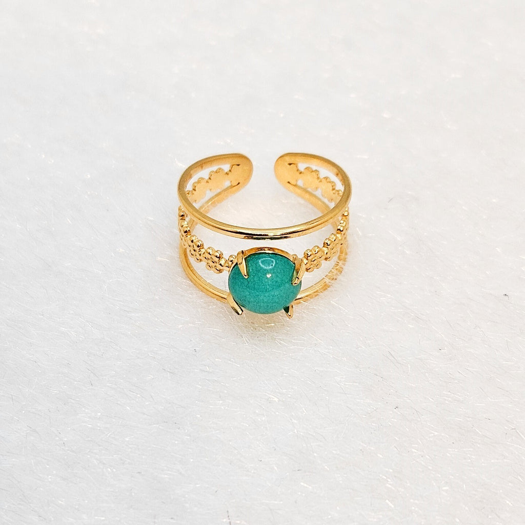 18K Gold Plated Amazonite Natural Stone Adjustable Open Ring, Stainless Steel0
